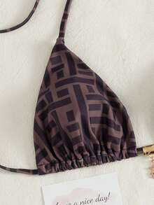 2026 经典款女士挂脖比基尼两件式泳衣，后背褶皱设计，侧边可调节，适合春夏海滩、泳池、音乐节、派对、约会度假等场合。 - 棕色 - 查看 5