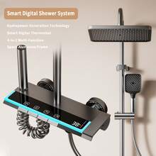 12英寸壁挂式卡迪特蓝雨淋式淋浴系统 | 钢琴键式控制 | 数字温度显示 | 四功能淋浴龙头套装，含雨淋式花洒和手持花洒 | 适用于现代浴室的高压增压装置 - 青碧色 - 查看 9