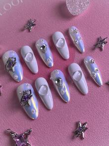 10 piezas Pegatinas de arte de uñas para mujeres, puntas de uñas con forma de almendra, decoraciones de uñas hechas a mano exquisitas, con un color base degradado de azul y blanco soñador, adornado con pequeños detalles como estrellas, perlas falsas y corazones. Cada pieza tiene un diseño único y una textura excelente. Este conjunto de uñas postizas acrílicas brillantes y reutilizables de cobertura total incluye pegamento para uñas y es perfecto para el Día de San Valentín, fiestas de cumpleaños, uso diario, colección o como regalo. - Multicolor - Ver 4