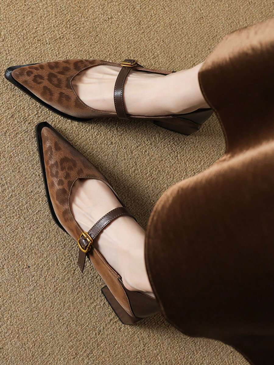 Women's Retro Mary Jane Single Strap Leather Shoes New Autumn Fashion Pointed Toe Chunky Heel Low-Top Women Shoes - Brown - View 1