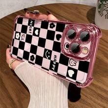 1pcs Black and White Checkerboard  Heart Flower Phone Case Compatible with Apple Phone17ProMax 16 15 14Plus 11 12 13 ProMax Antidrop Phone Case Camera Protection Phone Case Funky Girlish Style Popular Cute Funny Can Be Given To Friends Can Be Given To A Lover - Rosa - Ver 5