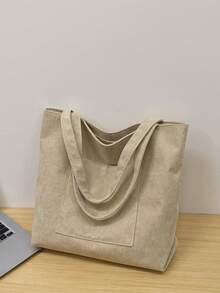 Solid Color Men's One Shoulder Tote Bag, Versatile Shopping Bag, Striped Large Capacity Canvas Bag - Beige - View 9