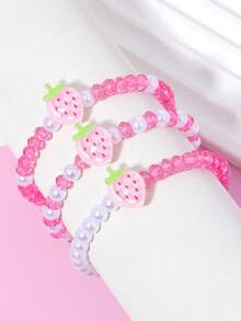 3pcs Cute Strawberry Beaded Bracelet/Bangle/Wrist Accessories, Suitable For Girls Everyday, Festival, Birthday, Party Wear - Multicolor - View 4