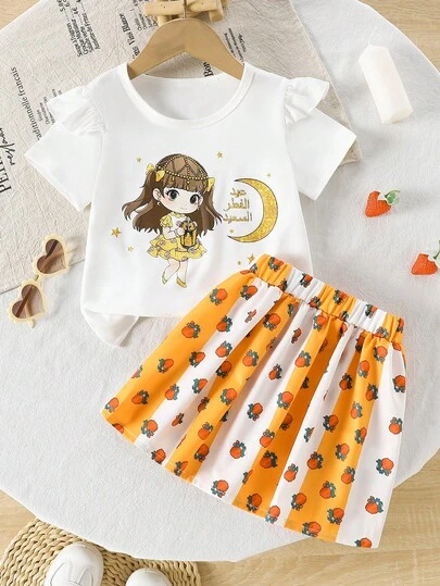 Set de 2 piezas: Camiseta de manga corta con cuello redondo y estampado de farol y flores para niña, combinada con falda mini de línea A con estampado de bloques de color rosa desierto, adecuado para vacaciones y uso diario