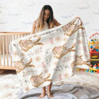 1件柔软水彩兔子图案毛毯，粉色蝴蝶结花卉绒毛毯，秋冬季保暖舒适，法兰绒面料，超柔软舒适，低过敏性针织材质，数码印花，适用于床、沙发、露营、旅行、汽车和假日家居装饰，是生日、圣诞节、新年等各种场合的理想礼物，适合所有季节，低过敏性 | 可爱设计 | 耐用针织