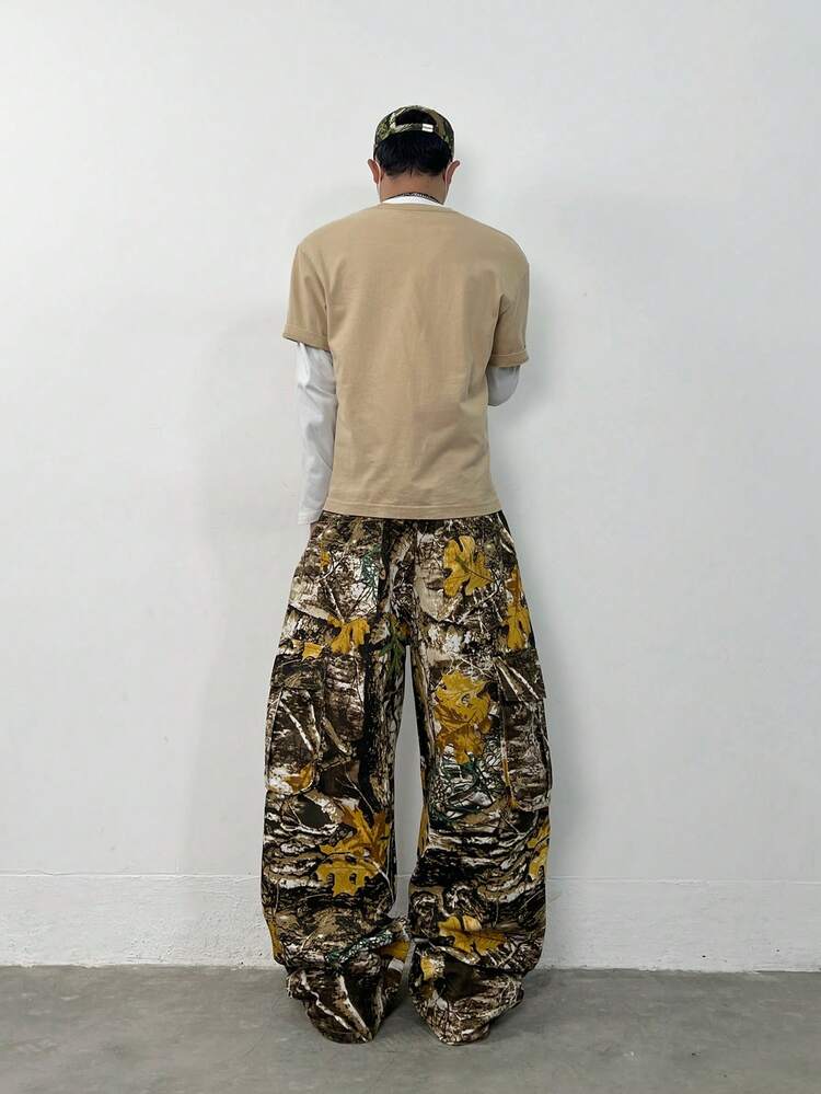 1pc Justice Brother Retro Multi-Pocket Personalized Print Men's Distressed Loose Wide-Leg Jeans (Belt And Accessories Not Included) - Multicolor - View 8