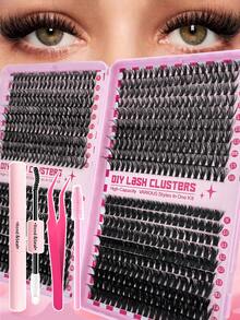 假睫毛礼盒套装，包含1875片假睫毛簇，9种不同款式（浓密/超浓密/戏剧/丰盈/全效/尖刺），防水睫毛簇套装，适合初学者和熟练用户，在家即可轻松佩戴，柔软舒适，易于打造自然妆容，日常妆容适用。