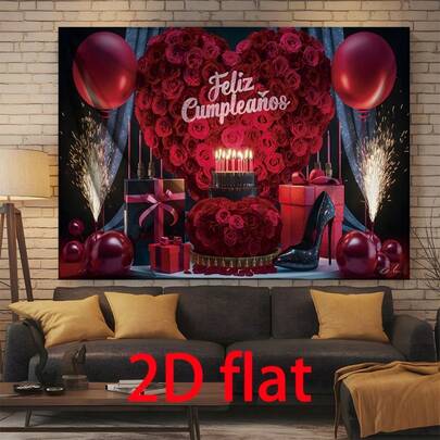 2D Flat 1 Pc Of Spanish-Style "Happy Birthday" Banner 2D Flat Polyester Party Background Cloth, With Red Roses, Heart-Shaped Balloons And Fireworks, Colorful Birthday Photo Wall Decoration, Home Room Decoration, Festival Theme, Exquisite Printing Quality, Lightweight Material, Wall Decoration, Festival Celebration, 2D Flat Design