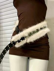 Cinturón de piel sintética retro Y2K 2026 nuevo, accesorio de moda de invierno hecho a mano, adecuado para Halloween, fiestas de Navidad, uso diario, cadena de cintura suave y esponjosa para mujeres - Multicolor - Ver 2