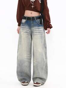 Vintage Washed Cat Whisker Low Waist Wide Leg Jeans Spring Casual - Blue - View 4