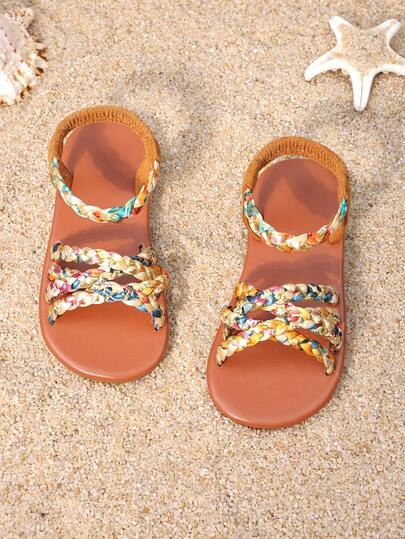 1 Pair Girls' Brown Woven Sandals, Featuring Colorful Woven Upper, Elastic Ankle Strap For Snug Fit, Tassel & Buckle Decor, Flat Non-Slip Sole, Suitable For Daily Wear, Family Outings And Summer Shopping