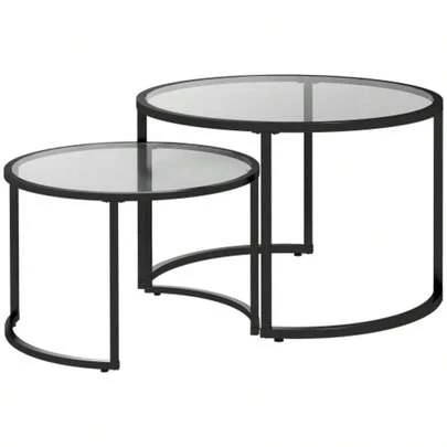 Set Of 2 HOMCOM Coffee Tables With Black Steel Frame And Tempered Glass Top, Partially Stackable, For Living Room And Lounge | Aosom.De