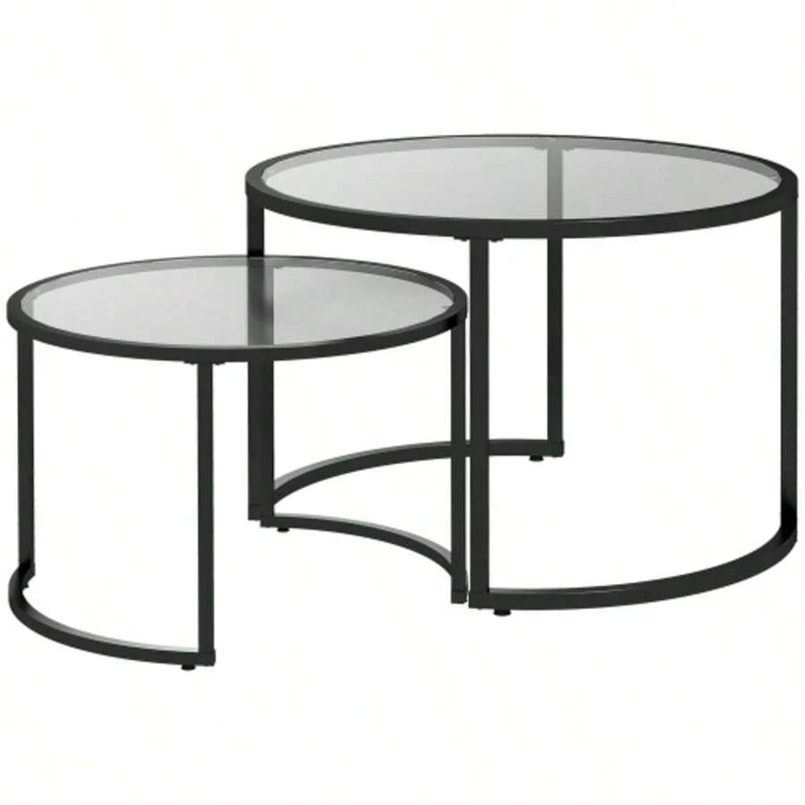 Set Of 2 HOMCOM Coffee Tables With Black Steel Frame And Tempered Glass Top, Partially Stackable, For Living Room And Lounge | Aosom.De - Black - View 1