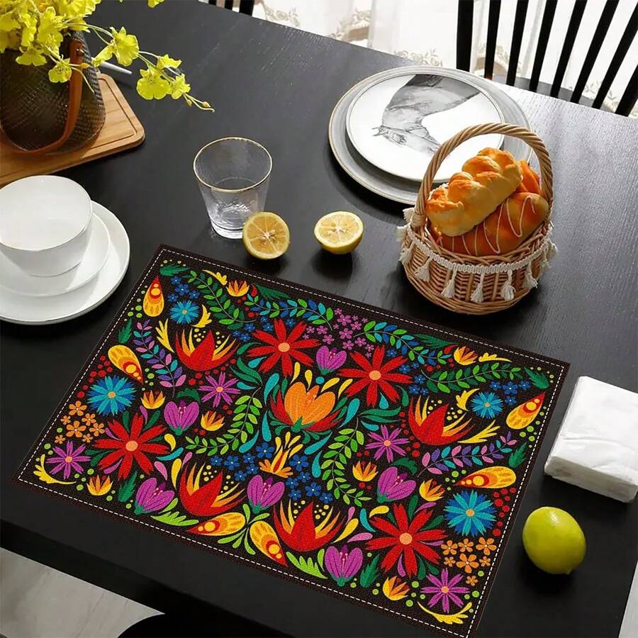 1/4/6/8/12 Piezas Manteles individuales con estampado floral colorido (Lino), Manteles de mesa lavables e impresos, Protector de superficie, Manteles de mesa para interiores y exteriores, Adecuados para fiestas festivas, Cocina y Comedor