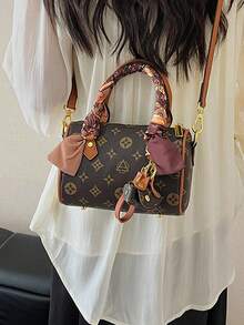Minimalist Fashionable Handbag Made Of PU Fabric With Exquisite Pattern, Featuring Dual Handles, Pendant And Silk Scarf Accent, Combining Style And Elegance. Ideal For Women, Female College Students, Commuters, And Various Occasions, Also A Great Gift For Friends And Family. - Brown - View 5