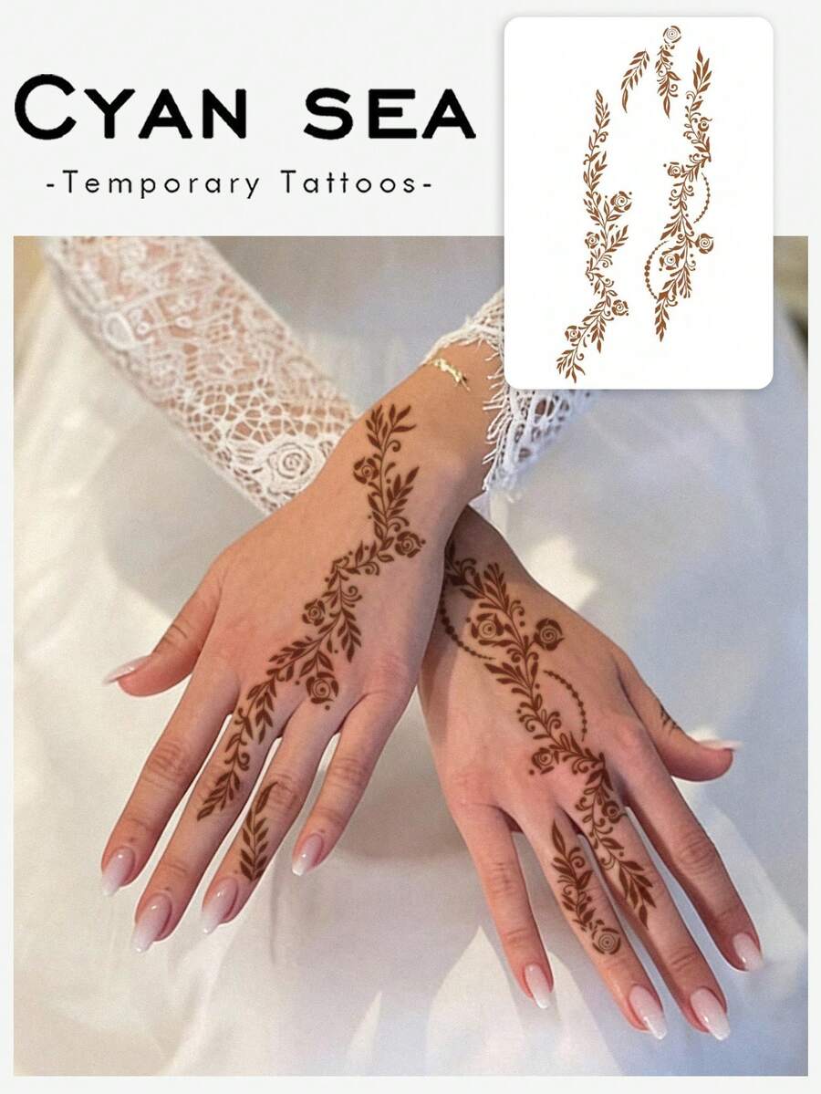 1pc Valentine's Day Henna Temporary Tattoo Sticker, Featuring Minimalist Red Henna Rose Design. Artistic, Waterproof, Sweat-Proof, Washable, Non-Reflective, Simulating Henna Tattoo Effect. Apply On Hands. Suitable For Fashionistas, Lasts 3-5 Days. - Brown - View 1