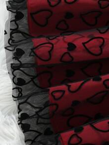 情人节女童磨毛罗纹短袖圆领长袖植绒爱心网纱连衣裙 - 黑色 - 查看 6