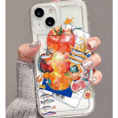 1个时尚个性化水果美食印花透明TPU气囊减震手机壳，兼容 16/16Pro/16Plus/15/15ProMax/15Pro/11/12/13/14ProMax/12Mini/13Mini/11Pro/11ProMax/12Pro/12ProMax/13Pro/13ProMax/14Pro/14ProMax，柔软舒适，高端质感