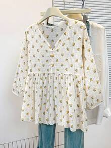 YUXIN 女士浪漫碎花衬衫 | 纹理V领灯笼袖衬衫 | 多色可选 | 宽松版型，适合夏季、春季和假期休闲/街头/办公穿着 - 綠色 - 查看 4