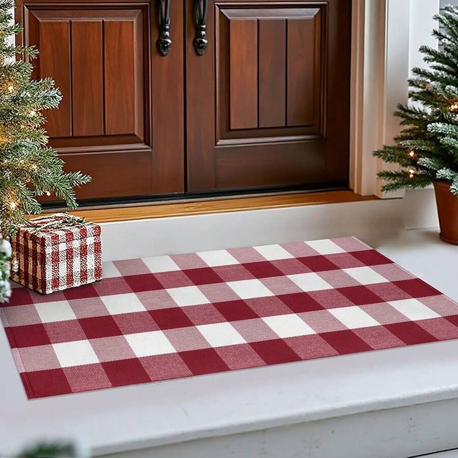 IOHOUZE Christmas Buffalo Plaid Rug 2x4.3 Ft Outdoor Indoor Doormat Red White Check Washable Area Rug Woven Cotton Checkered Front Porch Mat Christmas Decor For Front Door Entryway Home Entrance,One-Size,RedandWhite2x44inchRectangular - 紅白相間 2x44 吋長方形 - 查看 1