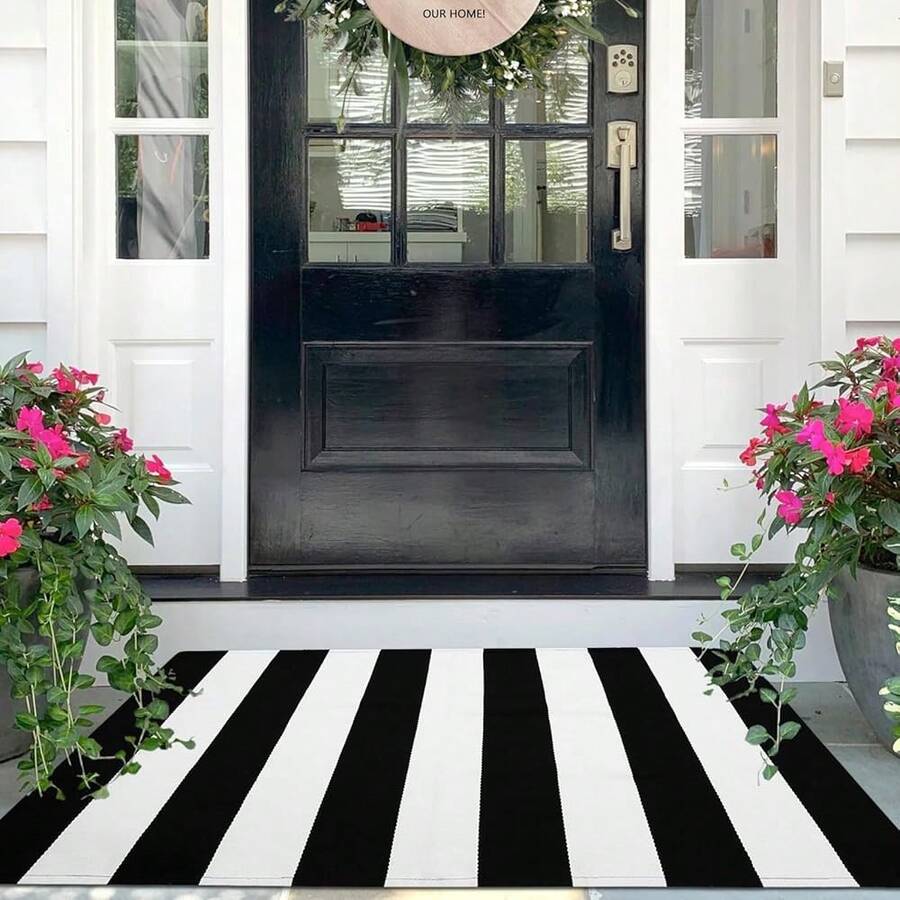 IOHOUZE Black White Striped Rug -27.5\ X 43\ Front Door Mats Outdoor,Washable Rug For Front Porch Decor,Spring Summer Welcome Mats Outdoor Indoor, Doormat For Farmhouse/Entryway/Home Entrance,One-Size,BlackWhiteStripe24inchx38inchRectangular - BlackWhiteStripe24inchx38inchRectangular - View 1
