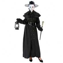 Women's/Men's Plague Doctor Outfit Complete Set: Robe Dress, Bird Mask,Hat, Leather Gloves, Belt, Hooded Shawl, Cross Charm - Black - View 2