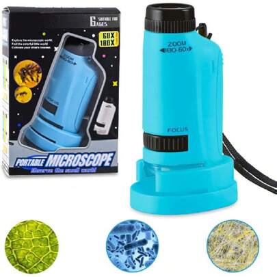 Microscopio de Bolsillo, Microscopio Portátil para Niños, Enfoque Continuo de 60-180x, con Lluminación LED,Fácil de Usar, Lncluye 12 Portaobjetos de Microscopio, para Niños y Adultos (Azul),36981601