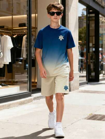 2pcs/Set Teenage Boys' Summer Gradient Print Short Sleeve T-Shirt And Solid Color Casual Shorts, Comfortable And Fashionable Outfit For Outdoor, Daily Gathering