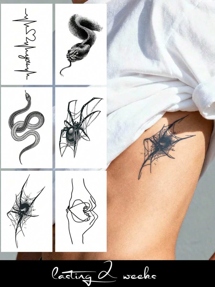 STARTTOOS 6pcs/2pcs Semi Permanent Men's Tattoo Stickers, Temporary Fake Tattoo Stickers With Dark Gothic Style Snake And Spider Patterns, Suitable For DIY Carnival, Valentine's Day, Party Gifts, Body Decoration For 1-2 Weeks, Non Fading, Non Reflective, Waterproof And Realistic Tattoo Stickers For Wrists, Ankles, Shoulders, Necks, Collarbones - Halloween - View 1