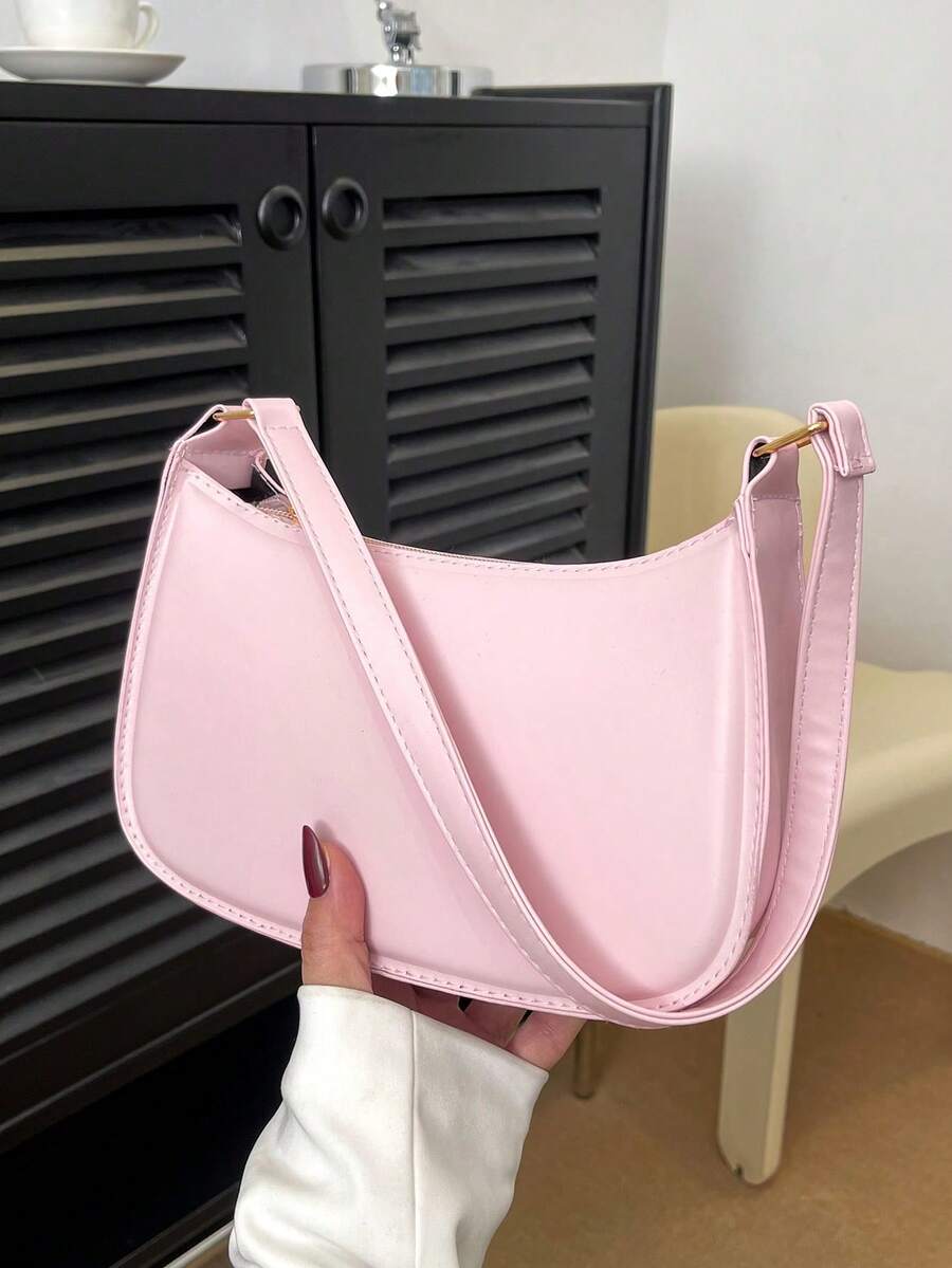 Bolso de hombro sencillo de color sólido para mujer, estilo casual diario, color burdeos de moda. - Rosa - Ver 1