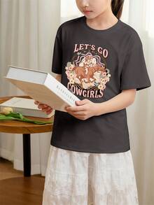 Tween Girls' Casual Pink Graphic Print Crew Neck Short Sleeve T-Shirt, Summer Top - Dark Grey - View 2