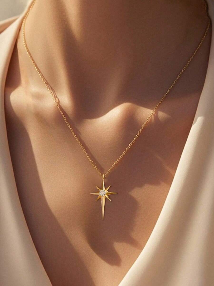 1 buah Kalung Liontin Oktagram yang Modis, Elegan & Minimalis - Emas - View 1