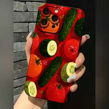 2026 Nueva Funda de Teléfono Escarchada, Funda de Teléfono con Patrón de Vegetales Tomate Pepino Fondo Rojo Adecuada para Varios Modelos de  17 y Modelos de , Funda Protectora de Teléfono, Funda de Teléfono para Parejas, Regalo para Novio o Novia, Regalo de Vacaciones - Negro - Ver 2