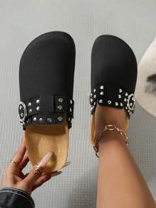Zuecos de ante y madera para mujer, pantuflas de cuero, plantilla de corcho suave, soporte de arco, correa ajustable, pantuflas de interior - Negro - Ver 2