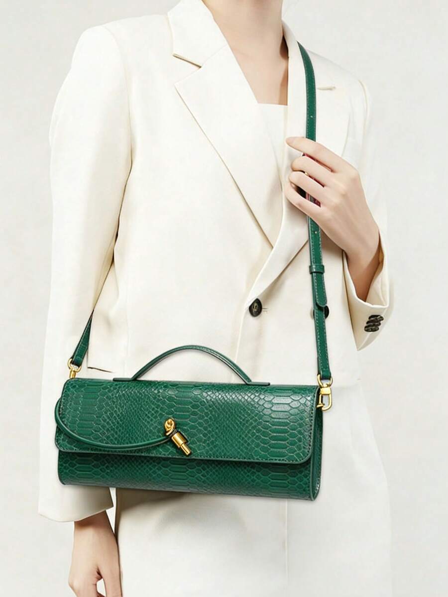 Womens Fashion Leather Clutch Bag Crocodile Print Evening Handbag Crossbody Tote Bag, Stylish Solid Color Clutch Bag, Multi-Functional Evening Bag Women Vintage Minimalist Faux Woven Texture Red Retro Flap Lock Large Capacity Clutch Bag, Handbag, Shoulder Bag Suitable For Evening Parties, Daily Wear, Fashionable Clutch Bags For Woman, Party Bags,Perfect For Party Wedding Prom Dinner/Banquet Matching With Holiday Party Dress Evening Dress & Sequin Dress, Purses And Bags Women - 綠色 - 查看 1