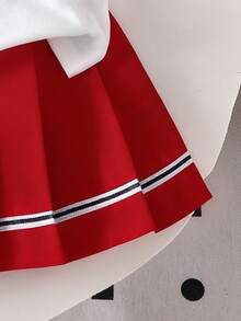 两件套女婴爱心刺绣 Polo 领无袖上衣和缎带腰褶裙套装，可爱优雅街头风 - 紅色 - 查看 3