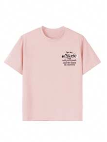 女童休闲印花圆领短袖T恤，夏季上衣 - 粉色 - 查看 7