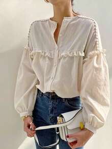 Plain Front Button Pleated Hem Long Sleeve Casual Shirt Spring - Apricot - View 3