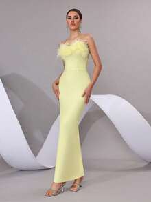 Modphy 仿羽毛性感无肩带露背紧身绷带长裙，优雅女士正式晚礼服，适合婚礼、派对、伴娘等场合，春季款 - 黃色 - 查看 5