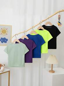 5件/套 男童短袖T恤，轻便户外运动休闲上衣，适合4-12岁男孩女孩，夏季 - 彩色 - 查看 2