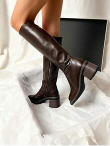 Brown Over-The-Knee Chunky Heel Boots, Black Classic Versatile Thigh High Boots, Women's Mid-Calf Equestrian Boots, Autumn/Winter New Arrivals,Party - 棕色 - 查看 8