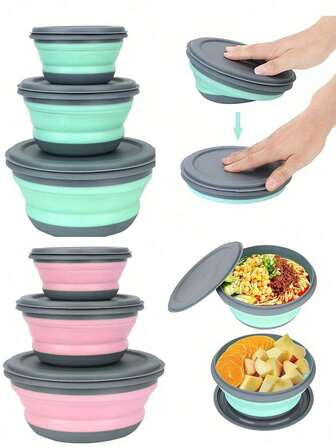 1-3pcs Foldable Silicone Camping Bowl With Lid, Lunch Box, Salad Bowl, Expandable Food Storage Container, Bento Box, High-Quality Food Container For Travel, Camping, Office, Kitchen Utensils, Collapsible Bowl, Leak-Proof Food Container, Suitable For Home, School, Office, Travel, Outdoor Picnic, School Supplies