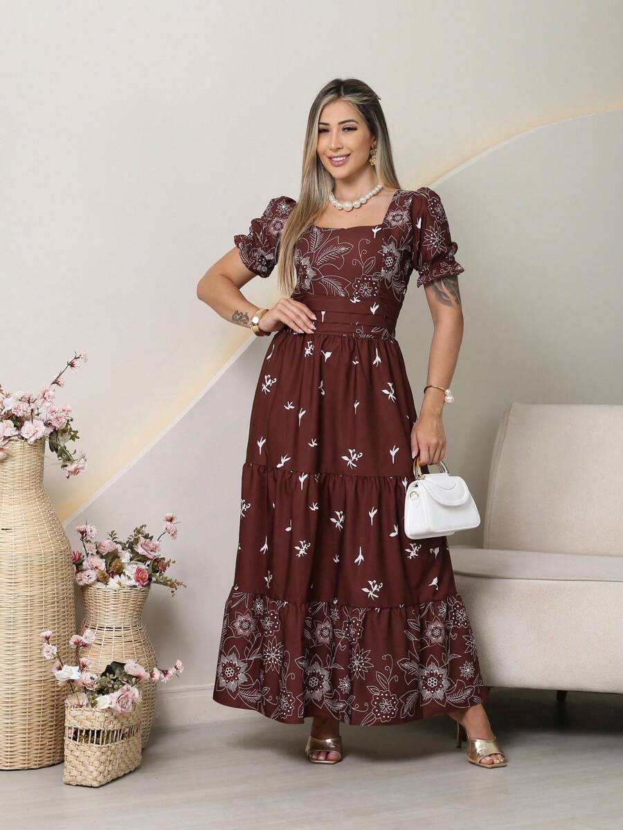 Elegant Women's Long Dress With A Short-Sleeved Print. - Coklat - View 1
