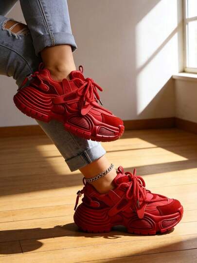 Nuevos zapatos casuales con cordones y suela gruesa en color rojo, zapatillas de moda para mujer con suela gruesa y transpirables, patchwork de cuero, zapatos elegantes para estudiantes, zapatos deportivos elegantes para mujer, adecuados para eventos de celebración, Año Nuevo, San Valentín y otras ocasiones