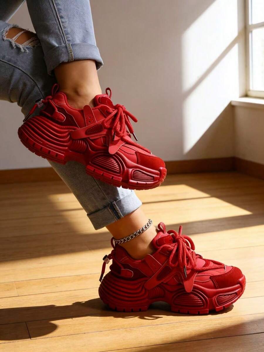 New Red Lace-Up Platform Thick Sole Casual Shoes, Women's Fashion Breathable Chunky Sneakers Leather Patchwork Stylish Personalized Student Shoes, Elegant Women Sports Shoes For Street Style, Outdoor, Holiday Occasions - 紅色皮面 - 查看 1