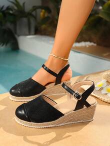 新款春夏海滩度假风优雅休闲手工编织绳底拼接鞋头舒适百搭坡跟户外必备经典系带凉鞋，女士 - 黑色 - 查看 5