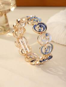 Cring Coco 1pc Fashionable Bohemian Enamel Blue Rose Elastic Bracelet, Suitable For Women, Valentine's Day, Gala, Party, Music Festival, Birthday Jewelry Accessory Gift - Flowers - View 6