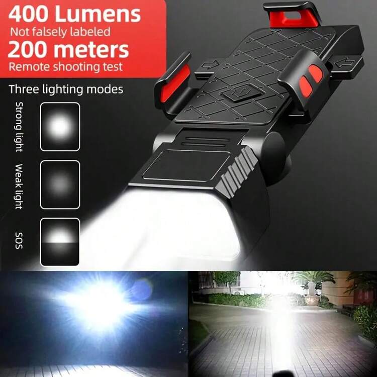 3-In-1 Rechargeable Bicycle Front Light With Horn And Phone Holder, Multifunctional Bike Safety Light, Ideal For Night Riding, Unisex - Multicolor - View 2