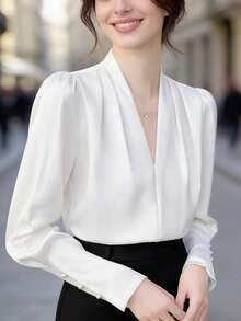 Women's Elegant Satin Blouse, Classic V-Neck Design Flatters Neckline, Puff Sleeves With Soft Shoulder Line, Pearl Button Cuffs, High-Quality Satin Fabric With Smooth Silky Touch, Wrinkle-Resistant, Suitable For Work, Business, Dating And All Seasons - White - View 1