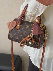 Minimalist Fashionable Handbag Made Of PU Fabric With Exquisite Pattern, Featuring Dual Handles, Pendant And Silk Scarf Accent, Combining Style And Elegance. Ideal For Women, Female College Students, Commuters, And Various Occasions, Also A Great Gift For Friends And Family. - Brown - View 7